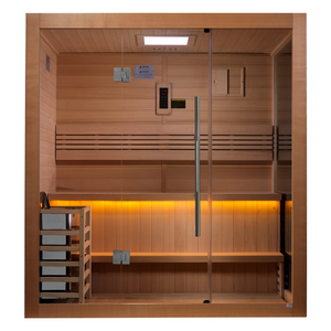 Golden Designs Forssa model traditional steam sauna built for indoor or covered outdoor use constructed from Canadian red cedar on the inside and Canadian hemlock on the outside with a four person capacity