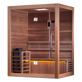 Golden Designs Hanko model traditional steam sauna built for indoor or covered outdoor use constructed from Canadian red cedar on the inside and Canadian hemlock on the outside with a three person capacity