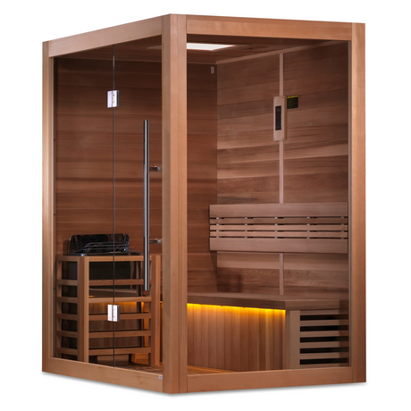 Golden Designs Hanko model traditional steam sauna built for indoor or covered outdoor use constructed from Canadian red cedar on the inside and Canadian hemlock on the outside with a three person capacity