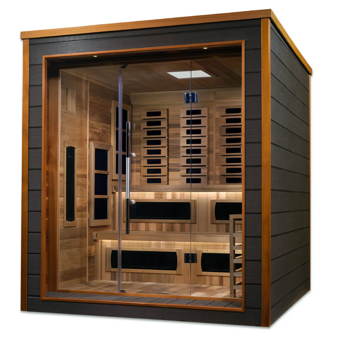 Karlstad model sauna with a hybrid full spectrum infrared tradition sauna design and a 3 person capacity made from Canadian red cedar on the interior and dark all weather composite on the exterior built for outdoor use