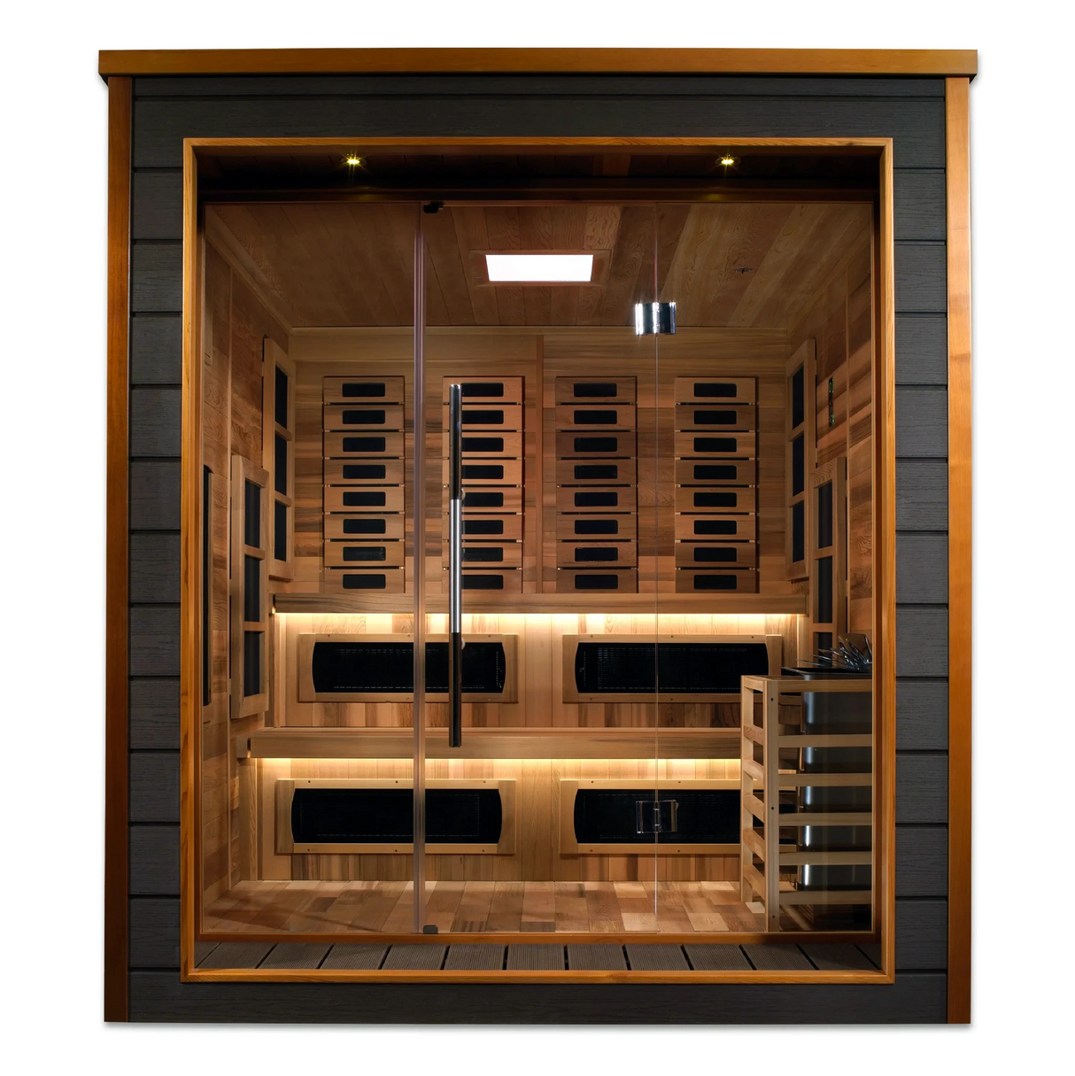 Karlstad model sauna with a hybrid full spectrum infrared tradition sauna design and a 3 person capacity made from Canadian red cedar on the interior and dark all weather composite on the exterior built for outdoor use