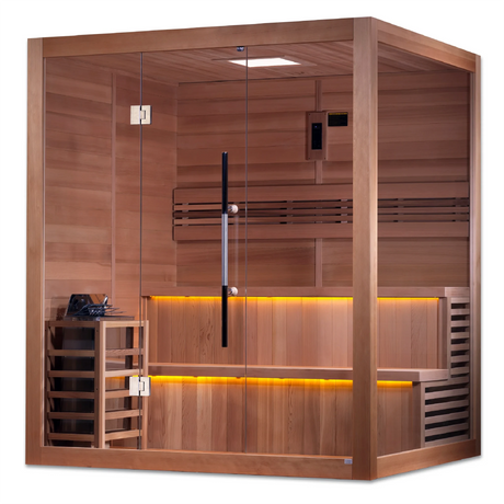 Golden Designs Kuusamo model traditional steam sauna built for indoor or covered outdoor use constructed from Canadian red cedar on the inside and Canadian hemlock on the outside with a six person capacity