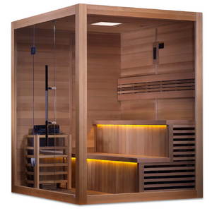Golden Designs Kuusamo model traditional steam sauna built for indoor or covered outdoor use constructed from Canadian red cedar on the inside and Canadian hemlock on the outside with a six person capacity