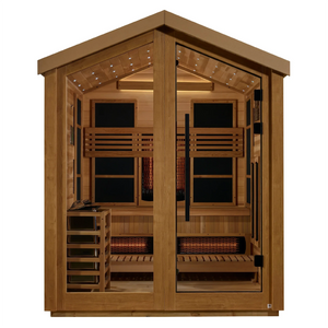 Golden Designs Loviisa hybrid model sauna featuring full spectrum infrared and traditional steam technology with star galaxy overhead lighting made from Canadian red cedar interior and an all weather composite exterior with a three person capacity built for outdoor use