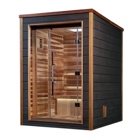 Narvik model sauna made by Golden Designs with a 3 person capacity made from Canadian red cedar on the interior and dark all weather composite on the exterior built for outdoor use