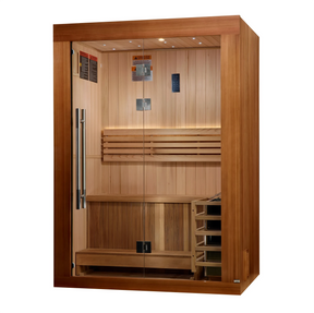 Golden Designs Sundsvall model traditional steam sauna built for indoor or covered outdoor use constructed from Canadian red cedar on the inside and pacific cedar on the outside with a two person capacity