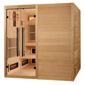 Golden Designs Toledo model sauna featuring a hybrid design which provides full spectrum infrared head and traditional steam heat with a six person capacity and a Canadian hemlock wood construction