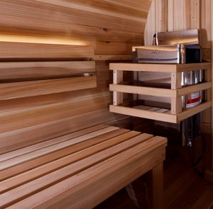 Golden Designs barrel shaped sauna which is built for outside use