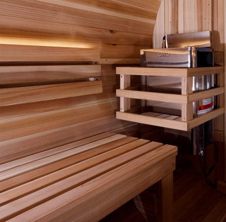 Golden Designs barrel shaped sauna which is built for outside use