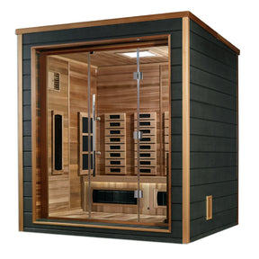 Golden Designs Visby model sauna featuring hybrid technology which emits full spectrum infrared heat and traditional steam heat and has a three person capacity and is constructed from Canadian red cedar wood on the interior and an all weather composite material on the exterior making it great for outdoor use in all climates