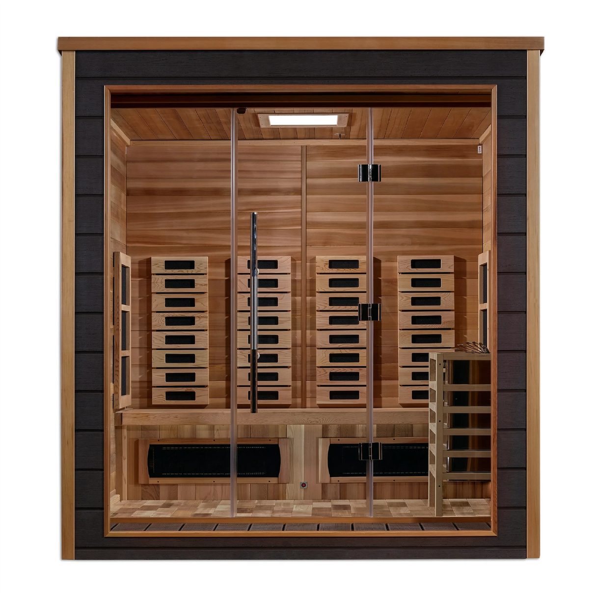 Golden Designs Visby model sauna featuring hybrid technology which emits full spectrum infrared heat and traditional steam heat and has a three person capacity and is constructed from Canadian red cedar wood on the interior and an all weather composite material on the exterior making it great for outdoor use in all climates