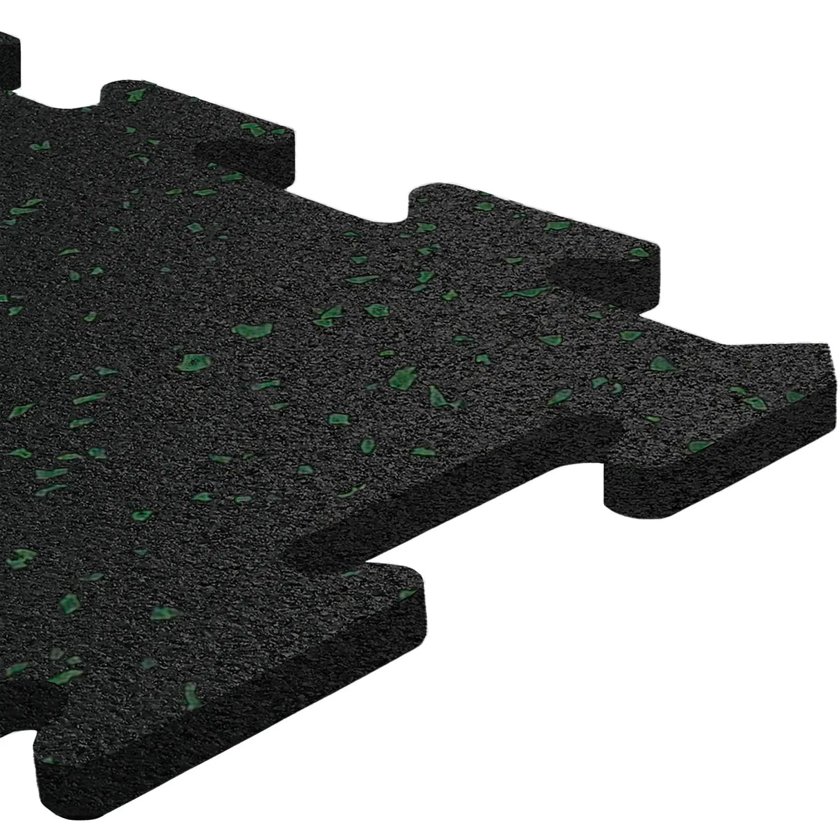 Close-up of an ECORE Athletic ECORE Rubber Floor Tiles - 8mm Interlocking tile in black with green speckles, highlighting its textured surface and puzzle-like edges.