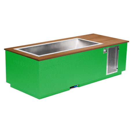 Custom green BlueCube CoreChill 3 Cold Plunge Tub with mahogany top which is commercial grade and handmade in America