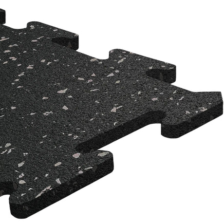 Close-up of an ECORE Rubber Floor Tile - 8mm Interlocking by ECORE Athletic, featuring a black, textured surface with white and gray speckles and puzzle-like edges, displayed on a white background.