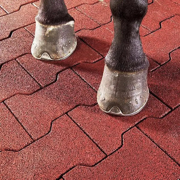 Two horse hooves standing on a red rubber paver floor