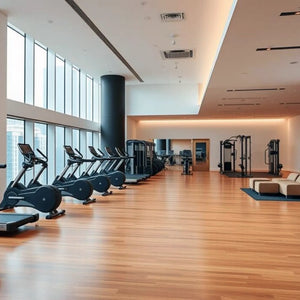 A spacious, modern gym with large windows, wooden floors maintained with ECORE Athletic's ECORE E-Cleaner All Purpose Floor Cleaner, exercise machines, weight equipment, and a bright seating area.