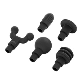 Percussion massage gun attachments including fork, bullet, flat, ball, and cushion