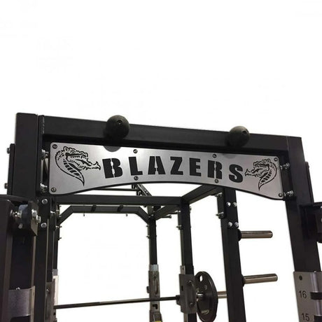 Round pull-up grips mounted on a steel crossmember with 'Blazers' branded on a metal shroud under the crossmember