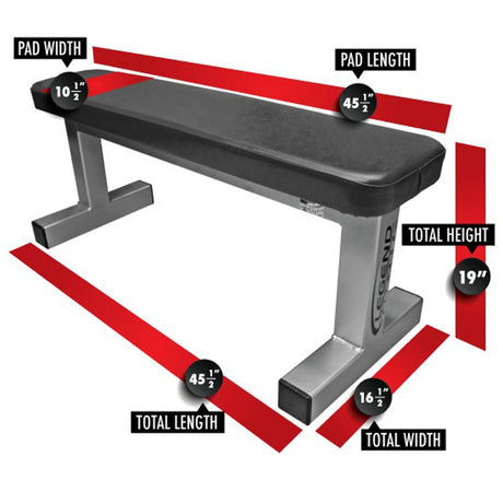 Black weight bench with measurements labeled on a white background