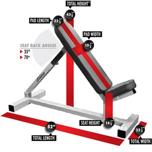 Incline gym bench with labeled dimensions on a white background