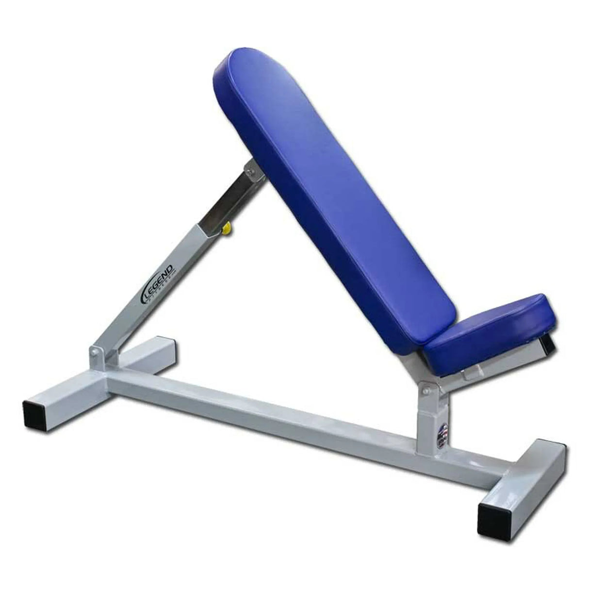 Blue incline weight bench with silver frame on a white background