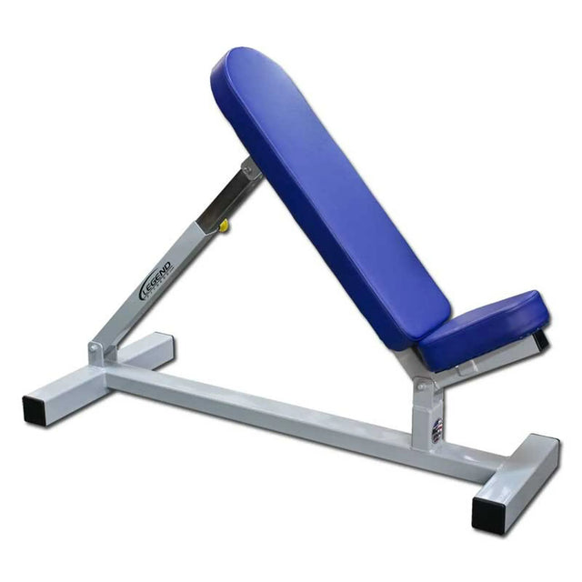Blue incline weight bench with silver frame on a white background