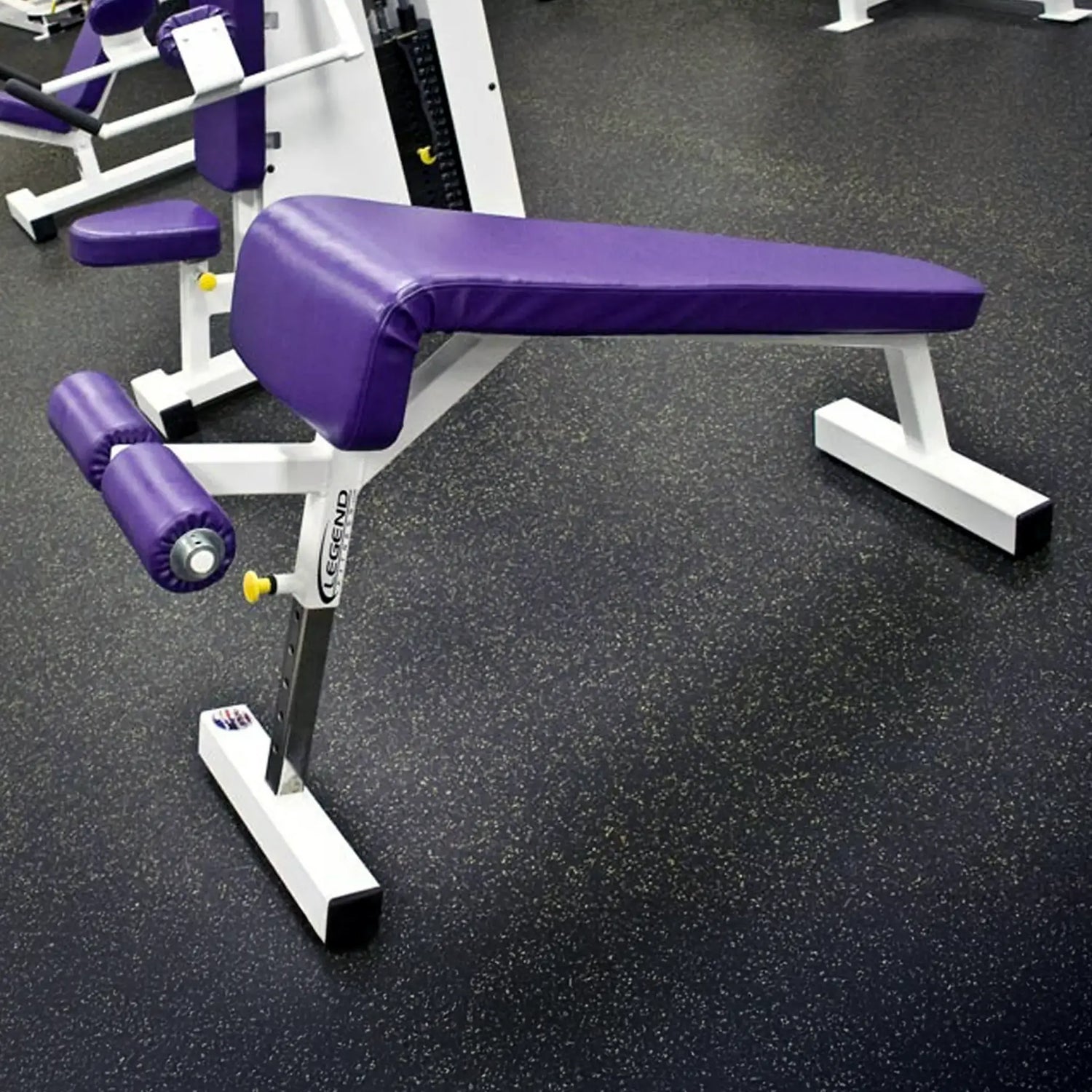 Purple weight bench with white legs on a gym floor