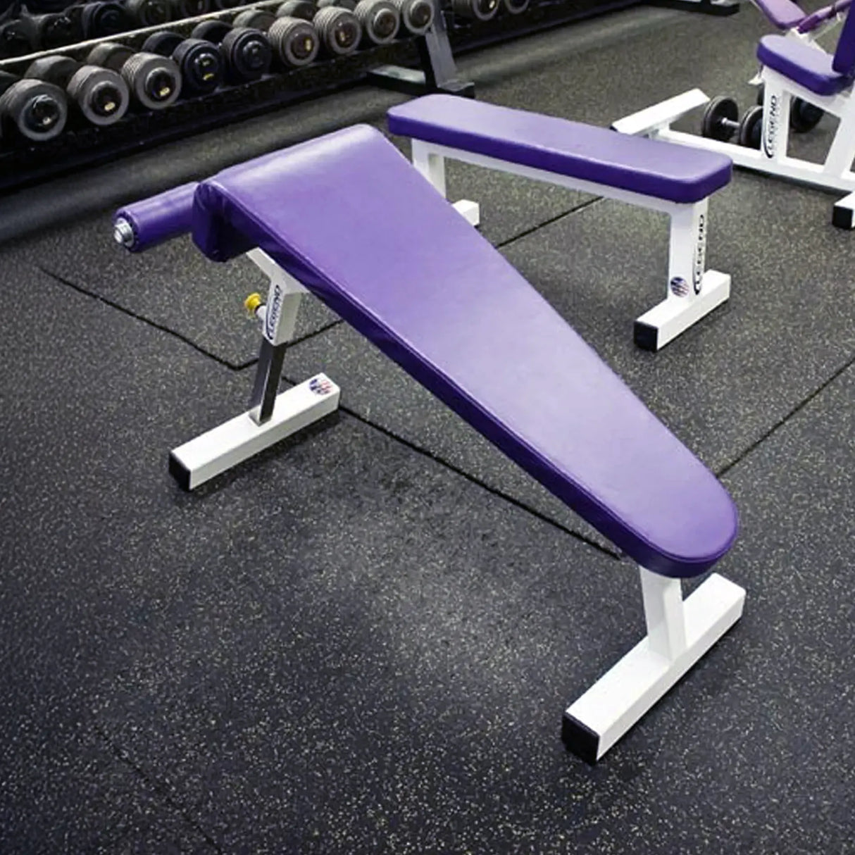 Purple and white adjustable weight bench in a gym setting