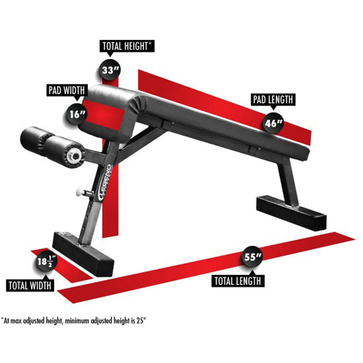 Measurement chart of a gym bench with labeled dimensions on a white background