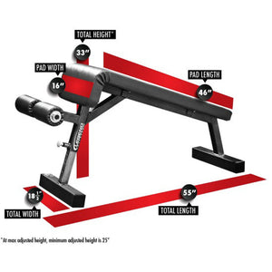 Measurement chart of a gym bench with labeled dimensions on a white background