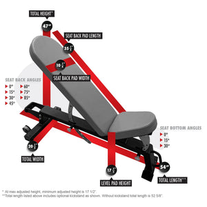 Diagram of a adjustable weight bench with measurements on a white background