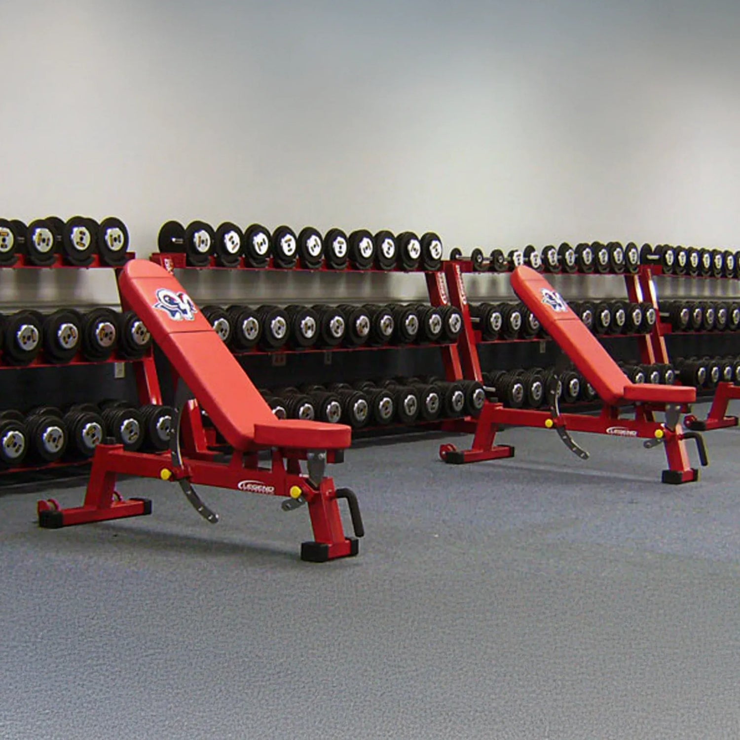 Red weightlifting benches in a gym setting with dumbbells on racks.