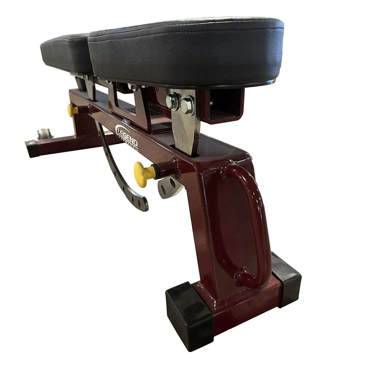 Black upholstered weight bench with a dark red frame on a white background