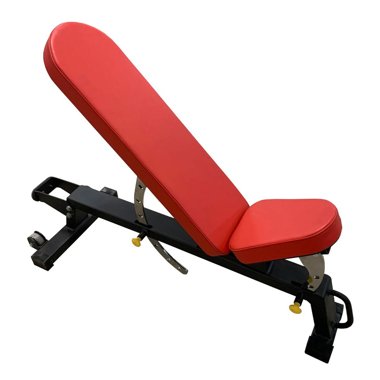Red upholstered weight bench with a black frame on a white background
