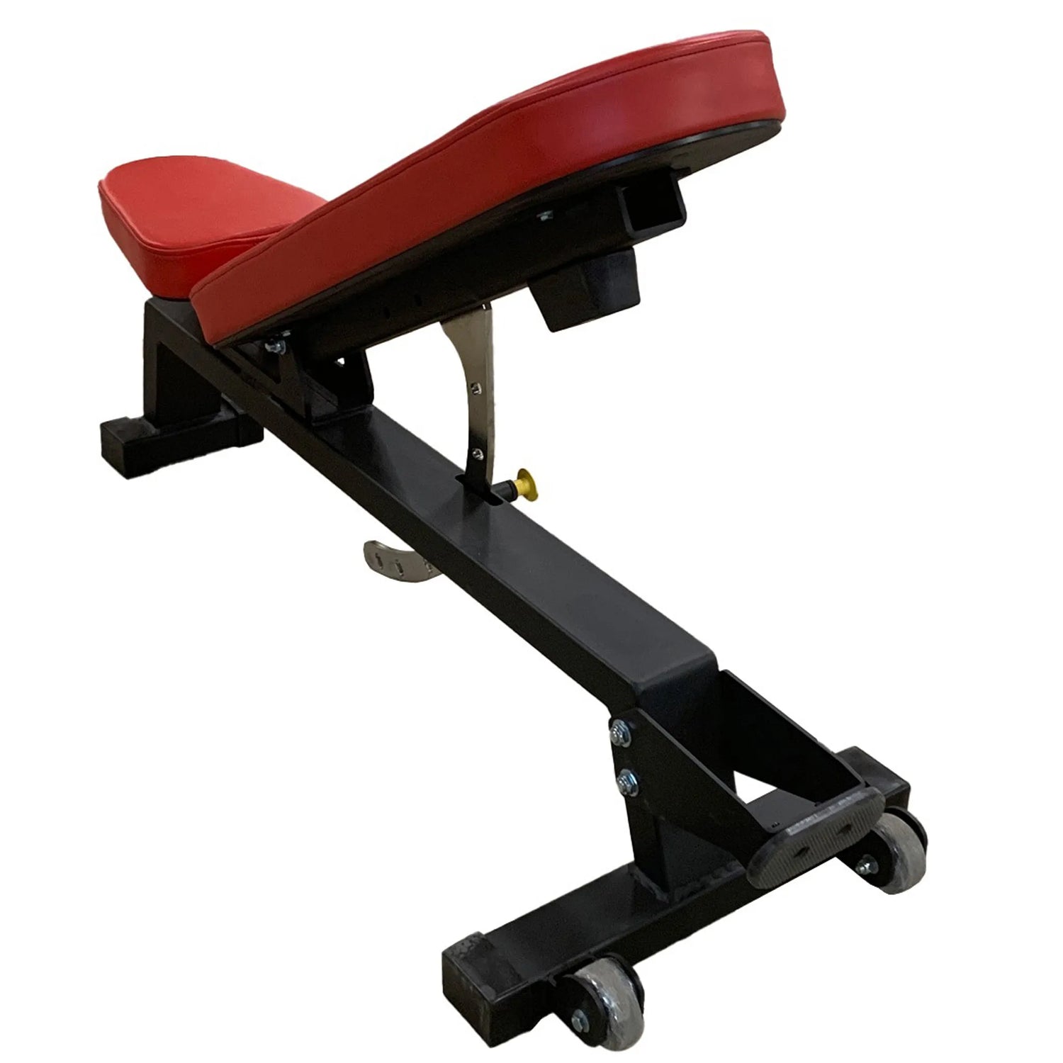 Red upholstered weight bench with a black frame on a white background