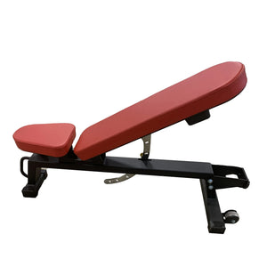 Red upholstered weight bench with a black frame on a white background