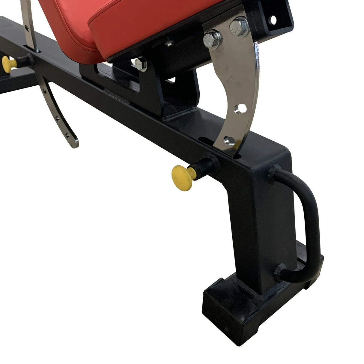 Closeup image of a red upholstered weight bench with a black frame on a white background