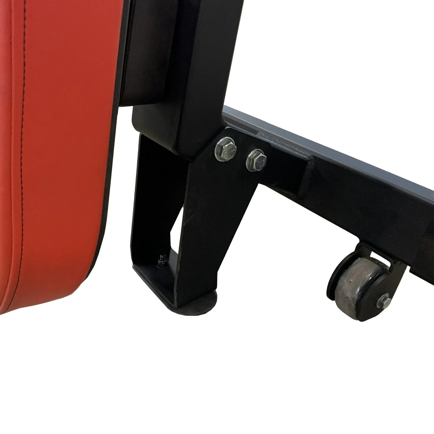 Closeup image of a red upholstered weight bench with a black frame on a white background
