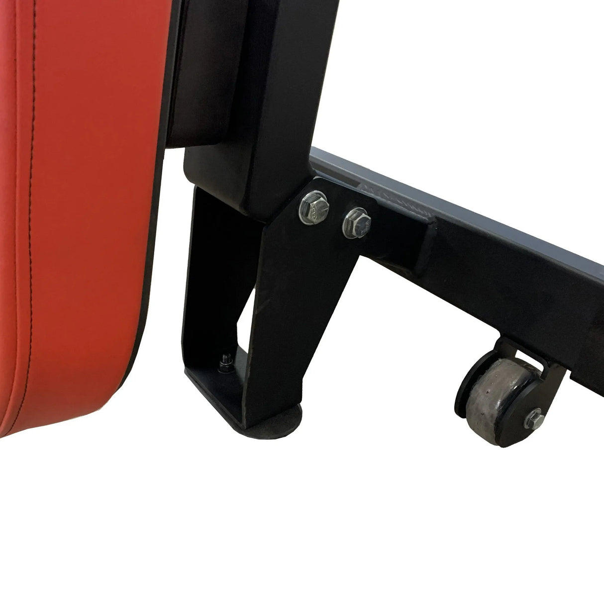 Closeup image of a red upholstered weight bench with a black frame on a white background