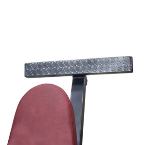 Metallic diamond plate steel frame attached to a red weight lifting bench seat on a white background