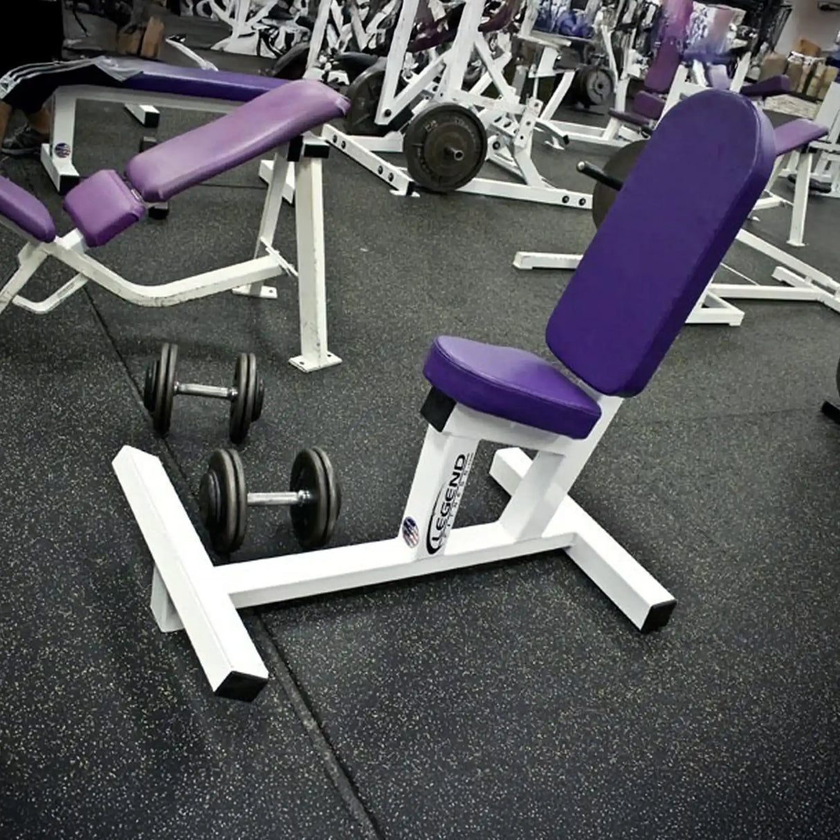 White multi-purpose weight bench with purple padding in a gym setting