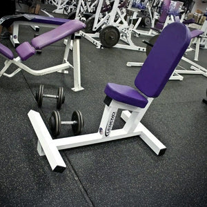 White multi-purpose weight bench with purple padding in a gym setting