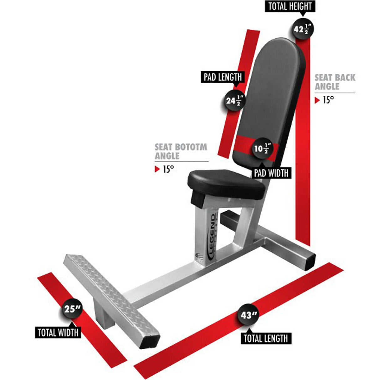Measurement chart of a multi-purpose gym bench with labeled dimensions on a white background