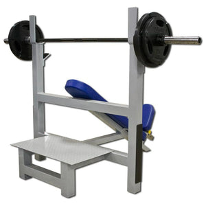 Weight bench with barbell and weight plates on a white background