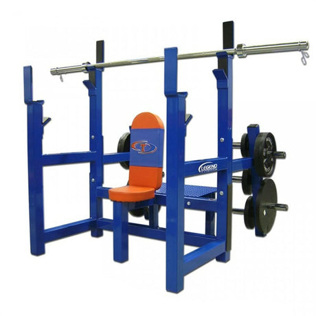 Blue weightlifting shoulder press Olympic bench with orange seat and barbell on a white background