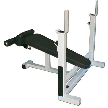 Black weight bench with white frame on a white background
