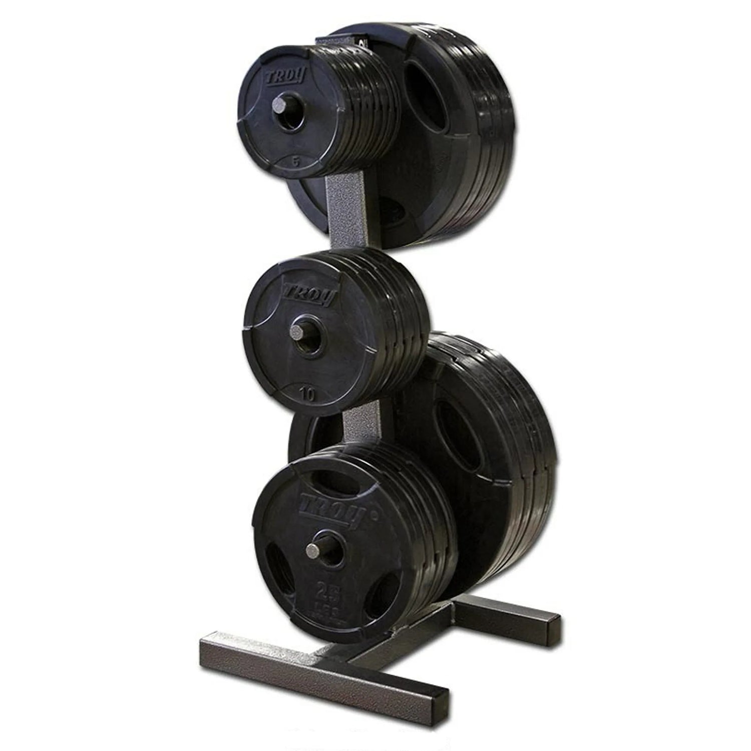 Set of weight plates on a stand with a white background