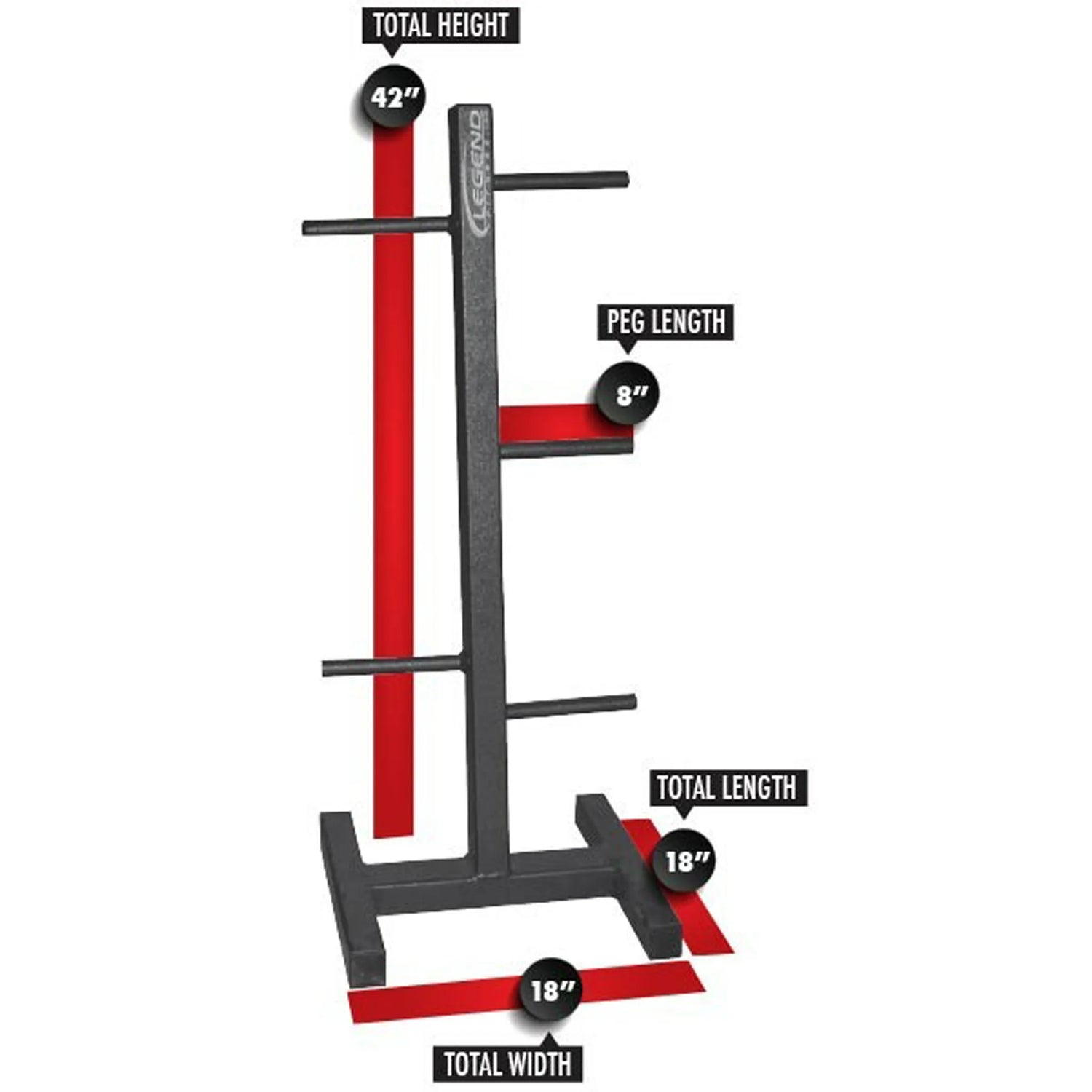 Set of weight plates on a stand with a white background and red measurement labels