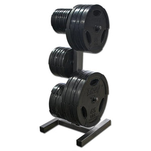 Set of weight plates on a stand with a white background