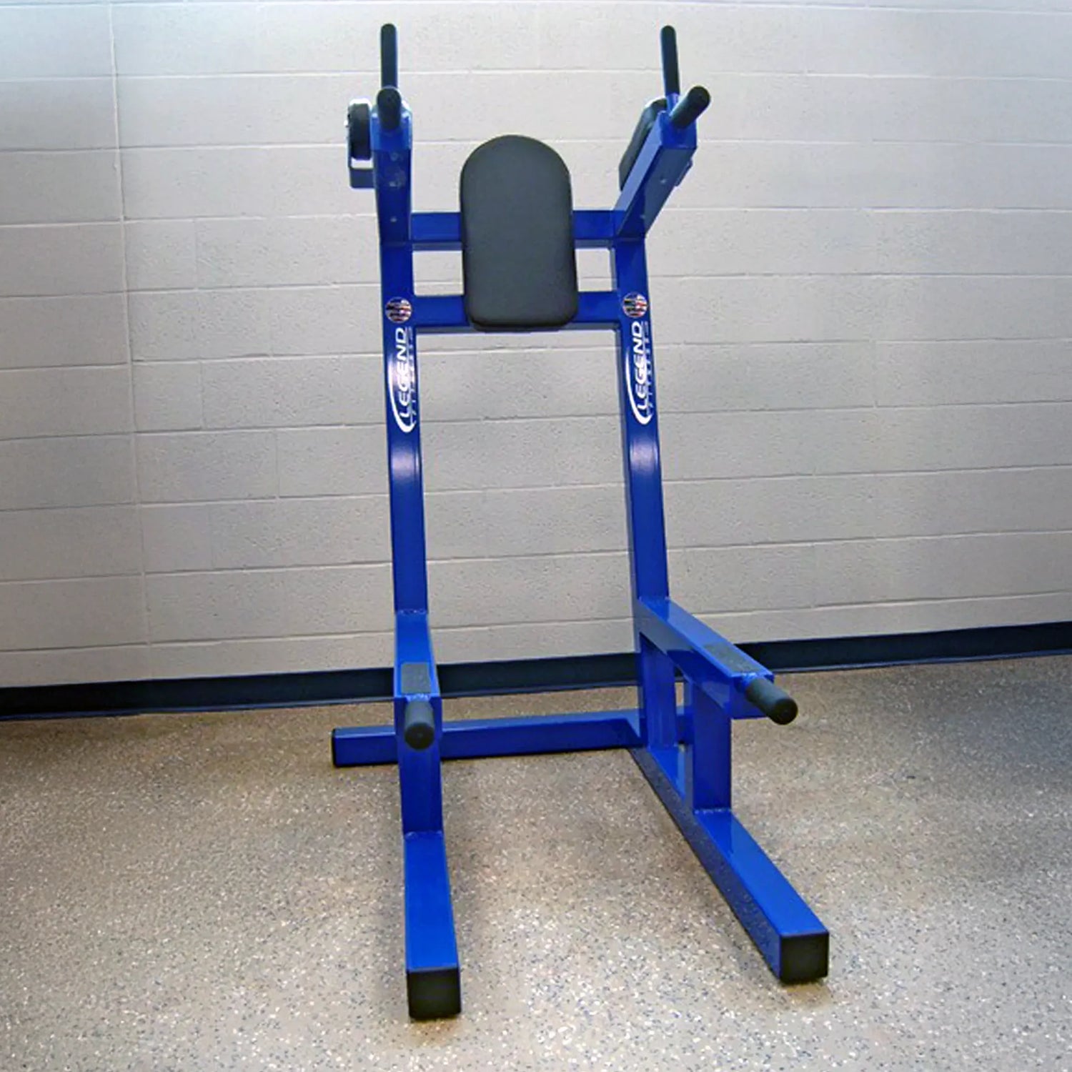 A blue metal crunch chair with black upholstery